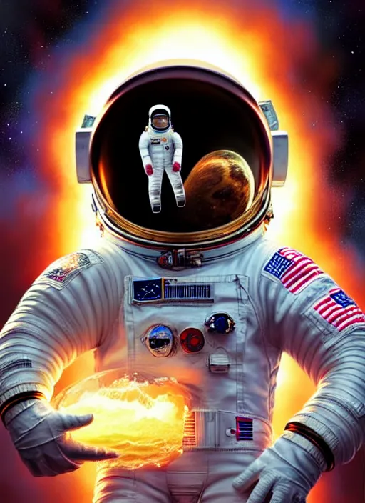 Image similar to astronaut in the style of stefan kostic, realistic, full body shot, wide angle, sharp focus, 8 k high definition, insanely detailed, intricate, elegant, art by stanley lau and artgerm, floating embers