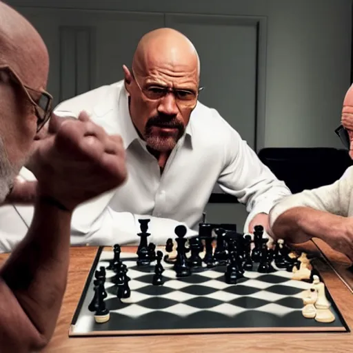 Prompt: photo of walter white and dwayne johnson playng chess, detailed 4 k