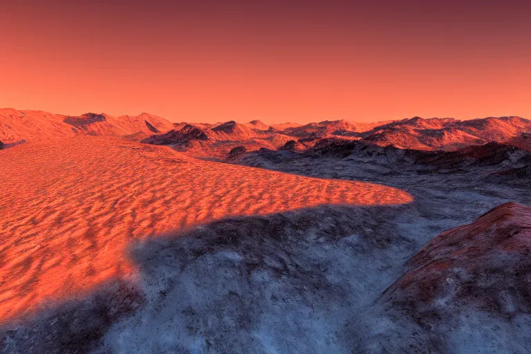 Prompt: mars frozen in mountains, wallpaper, beautiful, sunrise and sunset, 4 k