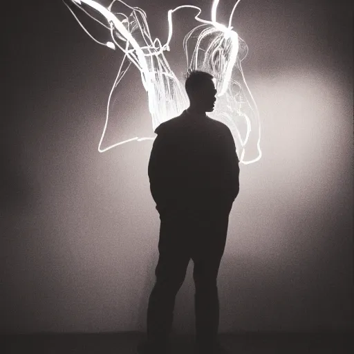 Image similar to a man of wire and smoke, in a red room, lit with one light, moody, atmospheric