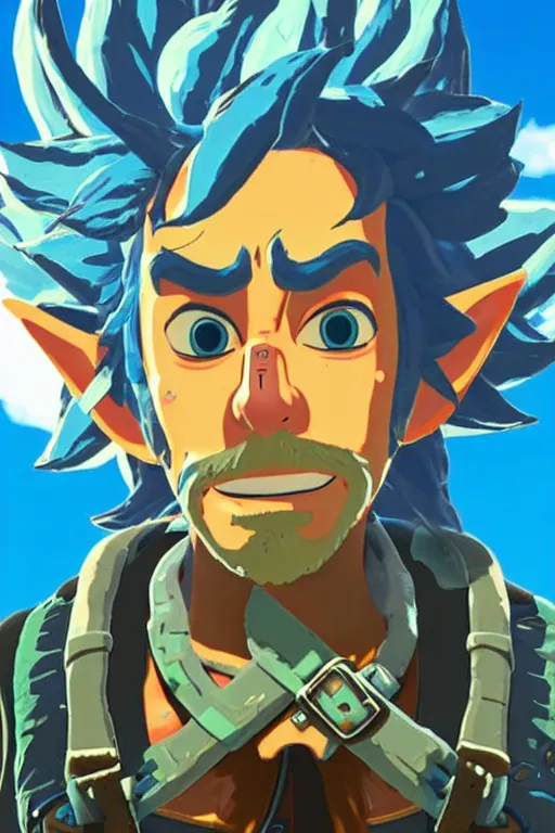 Image similar to an in game portrait of rick sanchez from the legend of zelda breath of the wild, breath of the wild art style.