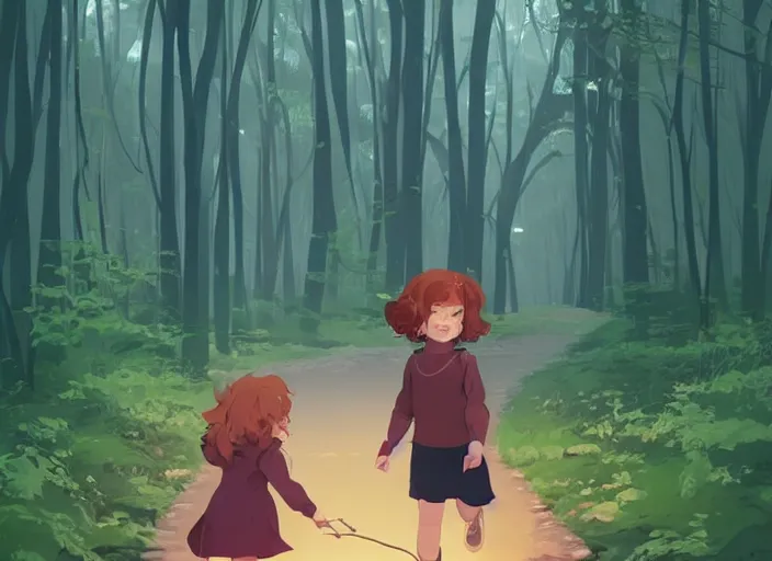 Image similar to little girl with short wavy curly light brown hair chasing will o the wisp in the woods. clean cel shaded vector art. shutterstock. behance hd by lois van baarle, artgerm, helen huang, by makoto shinkai and ilya kuvshinov, rossdraws, illustration, art by ilya kuvshinov