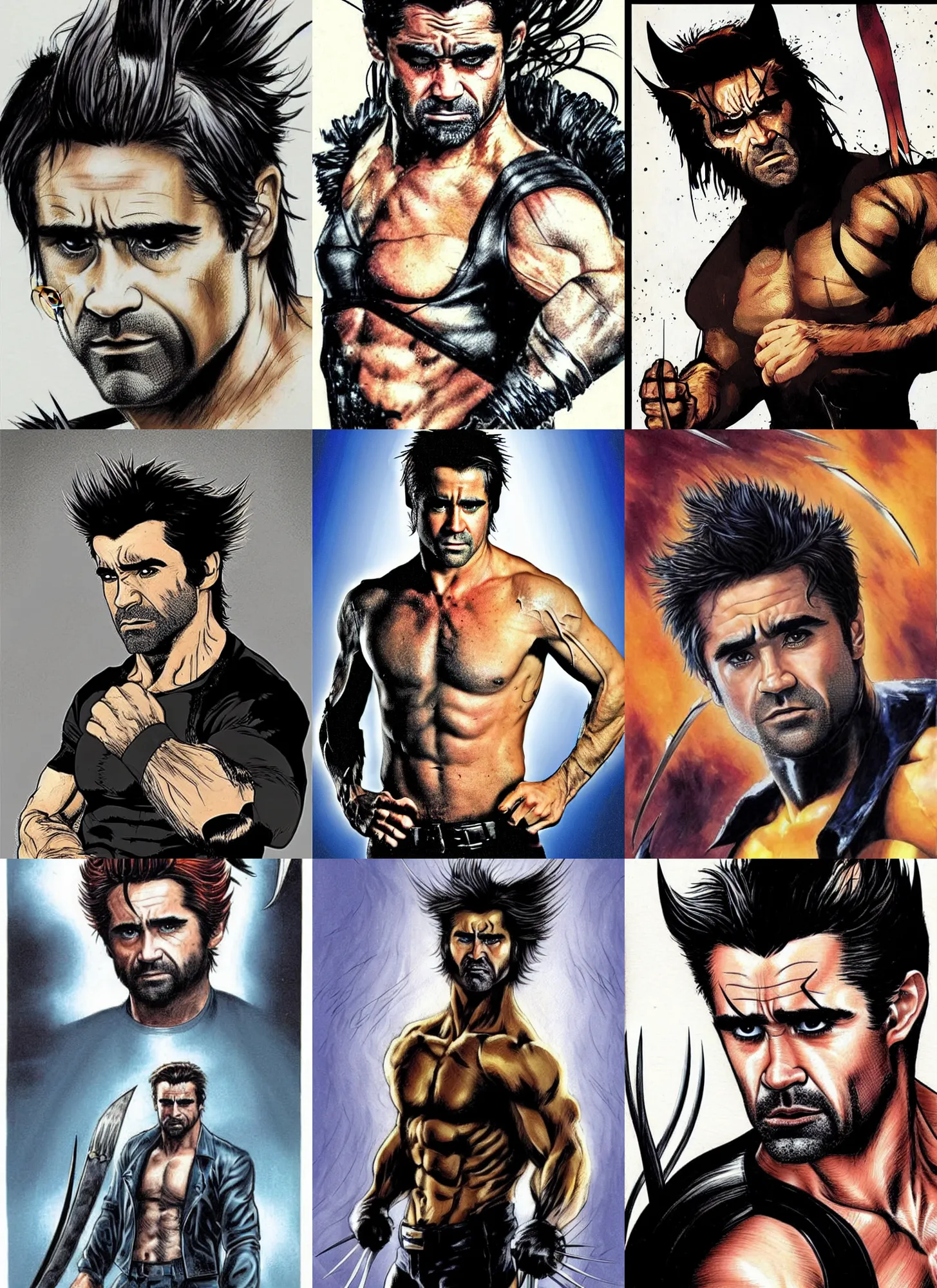 Prompt: Colin Farrell as Wolverine , in the style of simon Bisley