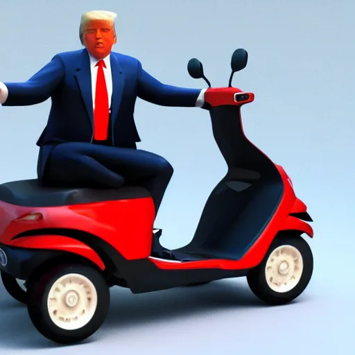 Image similar to donald trump driving a mobility scooter, 3 d render, octane, ray tracing, ultra high detail photorealistic, 8 k