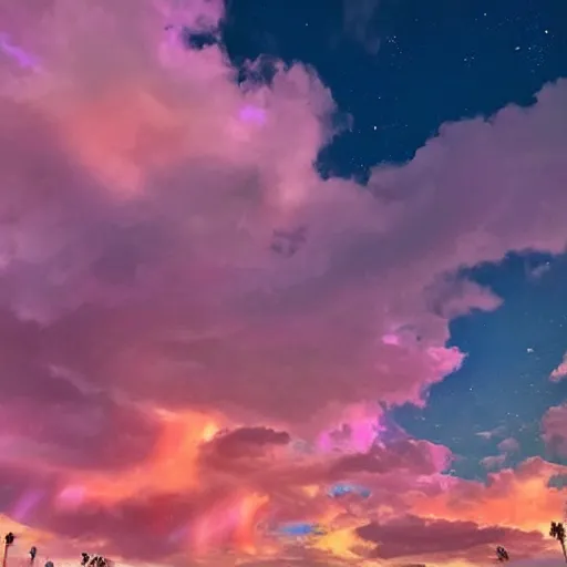 Image similar to rainbow cotton candy clouds at night in the moonlight over an aqua lagoon surrounded by crystal palm trees, trending on deviant art, art station.