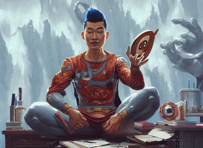 Image similar to an insanely detailed painting of an asian man wearing a homemade superhero costume, sitting at a desk, staring seriously at the computer and typing, in the style of peter mohrbacher, james jean, artgerm, dramatic lighting and composition, surreal background, octane render, pixar, trending on artstation, concept art, comic book, view from behind, 8 k