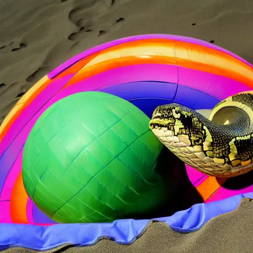 Prompt: a snake between two beach balls,