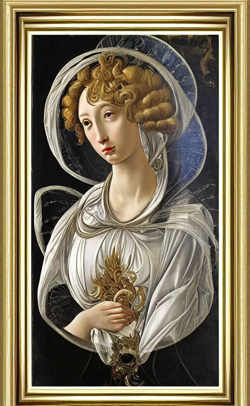 Image similar to blank canvas with an ornamental sci fi frame, beautiful metallic frame, goldn details, in the style of sandro botticelli, caravaggio, albrecth durer