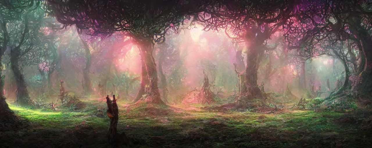 Image similar to detailed concept art illustration colorful pastel painting of a magical sci-fi fantasy forest in full intricate detail, ultra detailed, digital art, octane render, 4K, dystopian, micro details