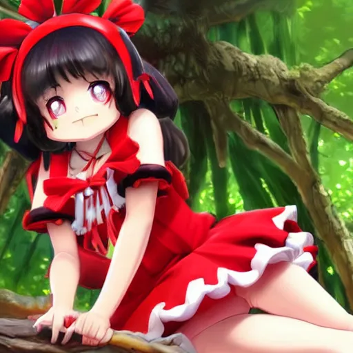 Image similar to a imaginefx cgsociety of reimu in the jungle wearing bonnet