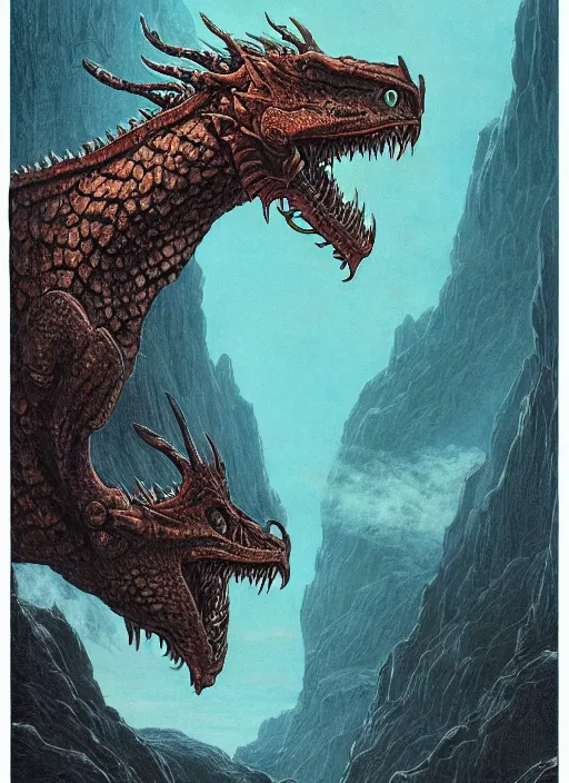 Image similar to a photographic portrait of a dragon by gustave dore and raphael lacoste and dan mumford, trending on artstation, a leopard - like sea beast, a two - horned earth beast, natural earth tone colors, cerulean blue, cyan, red