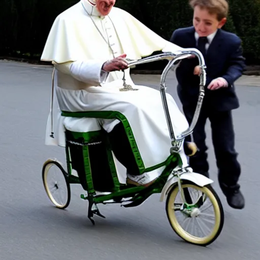 Image similar to the pope riding a childs tricycle