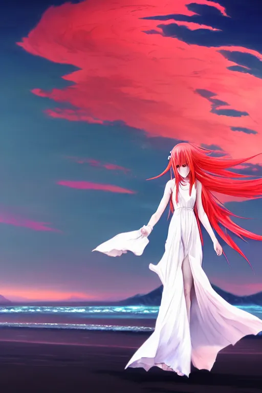 Image similar to Dark infrared octane render panoramic shot of a beautiful anime girl in a long white dress on a beach. Red hair, dramatic lighting, trending on artstation. Pixiv, Hyperdetailed, Ultra HD, WLOP, Rossdraws, James Jean Marc Simonetti, Ruan Jia and Mandy Jurgens and Artgerm and William-Adolphe Bouguerea, Sakimichan, Yuru camp, Illustration, digital art, concept art, manga cover