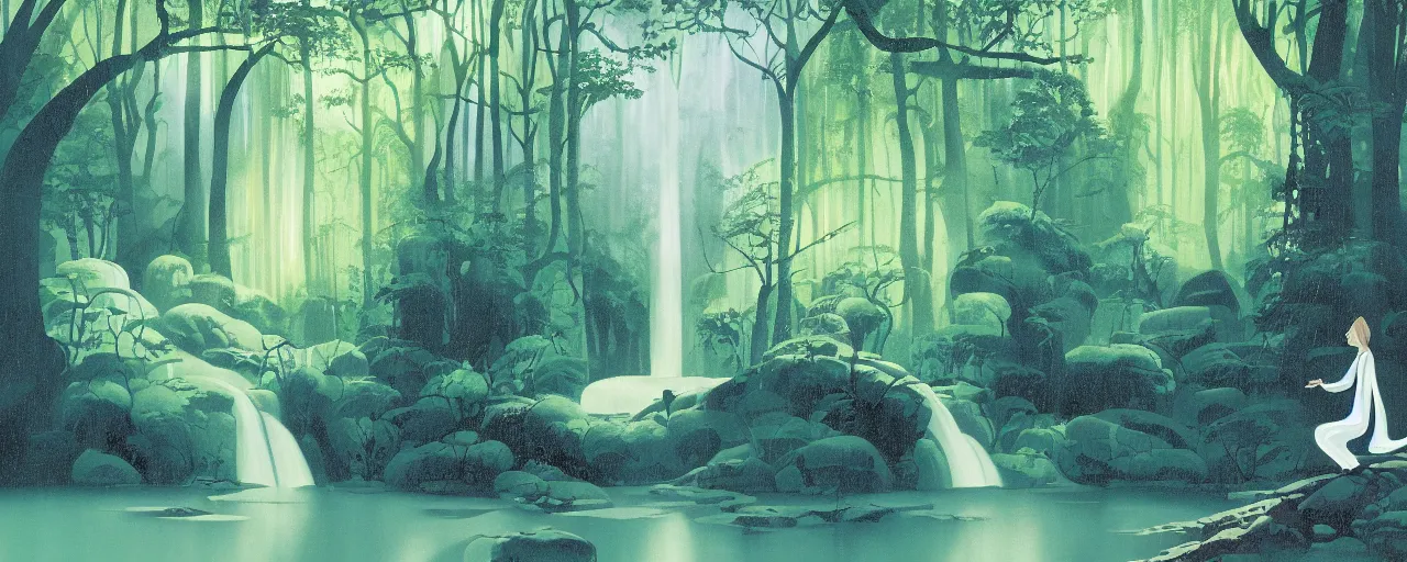 Prompt: deep forest, rainbow river waterfall, light shimmering, water mists, subtle color variantions, summer rain, gentle mists, a white robed benevolent magician clothed in a royal garment in contemplation and meditation casts a benevolent white magic spell, by Eyvind Earle and Mary Blair