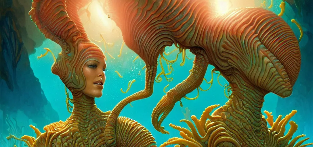 Image similar to beautiful alien women wearing plastic armor bathing in luminous water in the style of roger dean and alberto vargas and stefan kostic, realistic, photoreal, sharp focus, 8 k high definition, insanely detailed, intricate, elegant, art by greg rutkowski and artgerm, extreme blur coral reef background