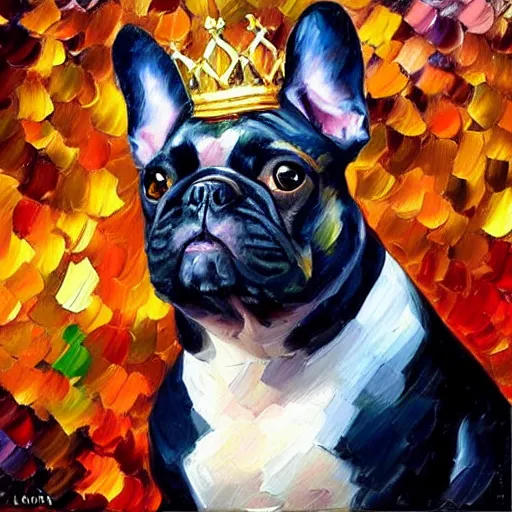 Image similar to portrait painting of a French bulldog wearing a crown and gold necklace by Leonid Afremov