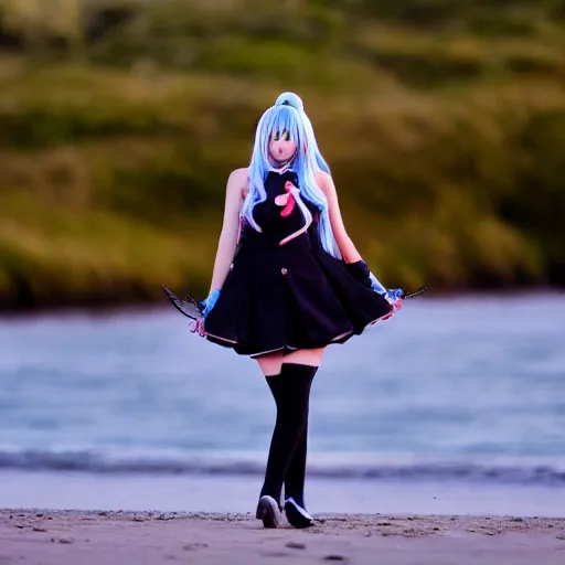 Prompt: photo of hatsune miku cosplayer takes a walk on late evening beach, f 2,4