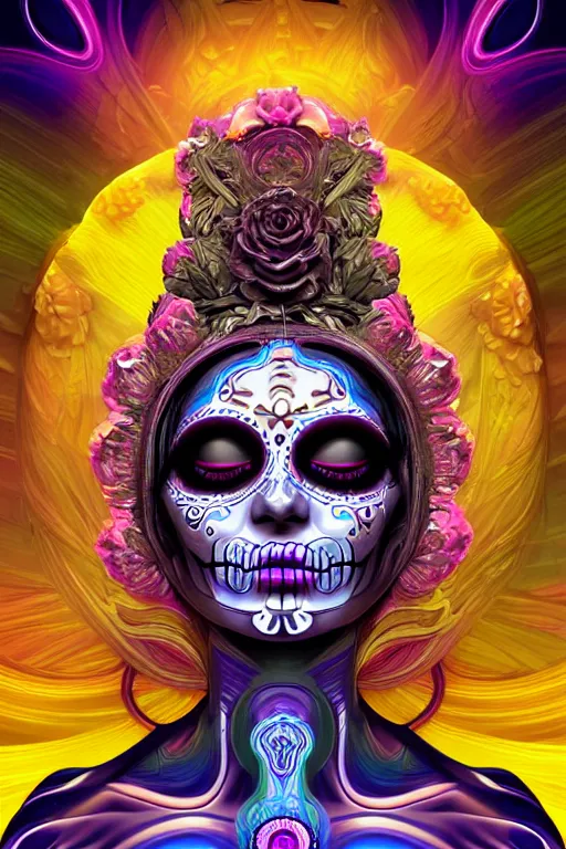Prompt: ultra detailed female android deity, eyes closed, 8 k, flowerpunk, psychedelic vector art!!!, digital painting, sci - fi, fantasy, ( dia de los muertos ), asymmetrical,!! concept art, art by artgerm and giger and michael welan and alphonse mucha and loish and wlop