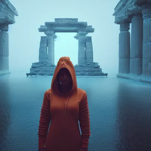 Image similar to high - tech space cult woman with hoodie looking at floating islands while standing on ruins of ancient temple, foggy of a ancient temple in temple dramatic lighting, epic, octane render, volumetric light, unreal engine, artbreeder, 8 k, background, scene