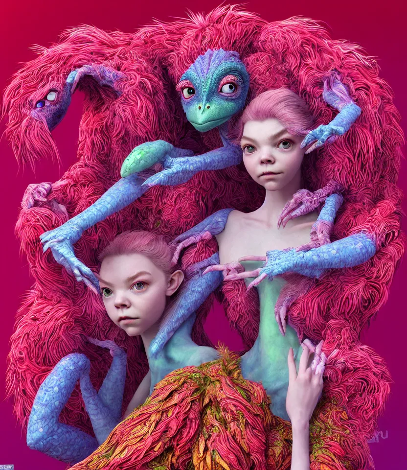 Image similar to hyper detailed 3d render like a Oil painting - kawaii portrait of two Aurora (a beautiful girl skeksis muppet fae princess protective playful expressive acrobatic from dark crystal that looks like Anya Taylor-Joy) seen red carpet photoshoot in UVIVF posing in scaly dress to Eat of the Strangling network of yellowcake aerochrome and milky Fruit and His delicate Hands hold of gossamer polyp blossoms bring iridescent fungal flowers whose spores black the foolish stars by Jacek Yerka, Ilya Kuvshinov, Mariusz Lewandowski, Houdini algorithmic generative render, golen ratio, Abstract brush strokes, Masterpiece, Edward Hopper and James Gilleard, Zdzislaw Beksinski, Mark Ryden, Wolfgang Lettl, hints of Yayoi Kasuma and Dr. Seuss, octane render, 8k