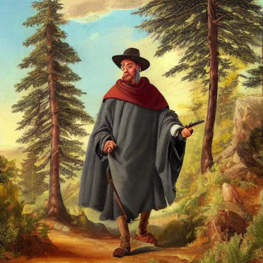 Prompt: a man in a grey cloak and brimmed hat with a staff travelling trough the mountains with trees, very detailed, colorful, oil painting, clouds