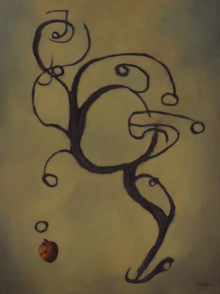 Prompt: an oil painting of an acorn that turns into a tree in the shape of a treble clef with a few scars on the tree, dark and brooding