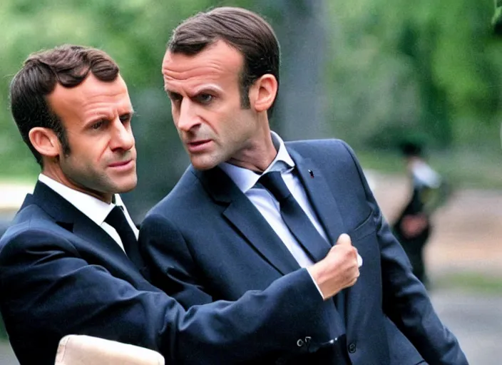 Image similar to hyper realistic, production still of emmanuel macron playing mr smith in matrix ( 1 9 9 9 ), 4 k, highly detailed, anamorphic