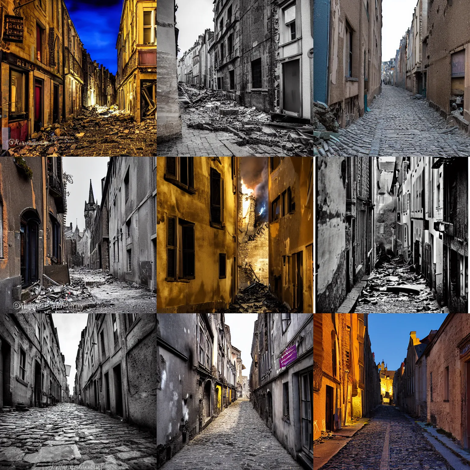 Prompt: a narrow street of saint malo ruined, full of rubbles, on fire and destroyed building, a color photography at night