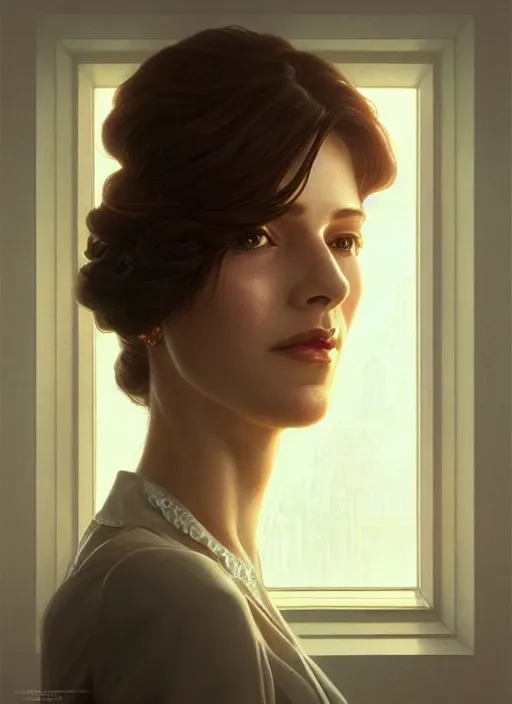 Image similar to perfectly - centered - portrait of a beautiful boss lady, light comes from the window, intricate, highly detailed, digital painting, artstation, concept art, smooth, sharp focus, illustration, unreal engine 5, 8 k, art by artgerm and greg rutkowski and alphonse mucha