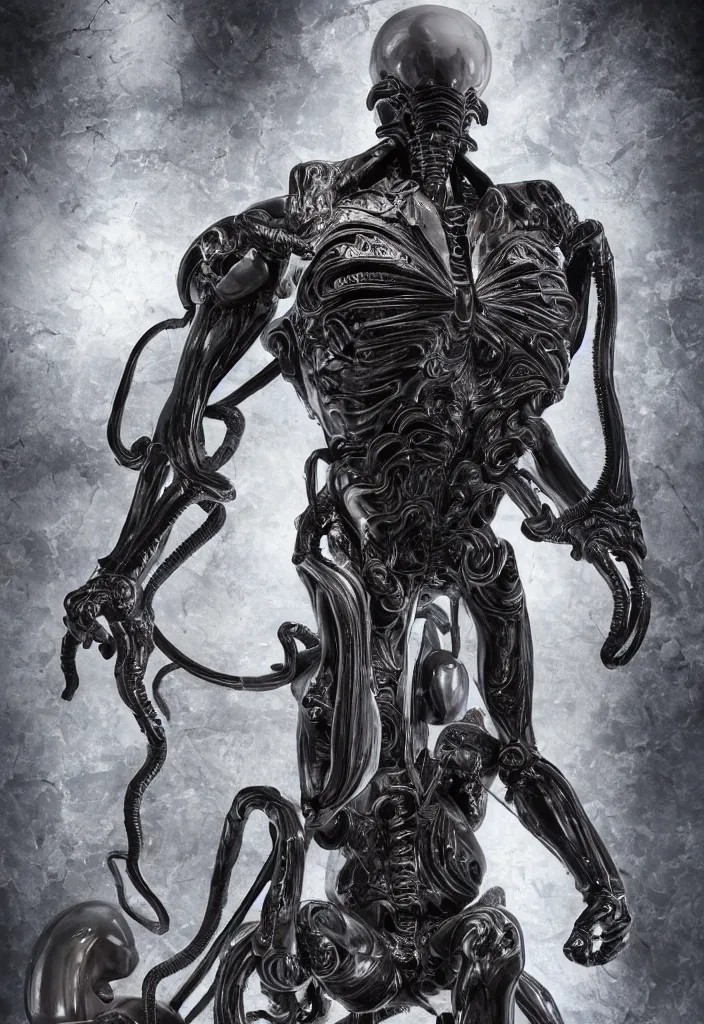 Image similar to engineer prometheus, xenomorph alien, highly detailed, symmetrical long head, smooth marble surfaces, detailed ink illustration, raiden metal gear, cinematic smooth stone, deep aesthetic, concept art, post process, 4k, carved marble texture and silk cloth, latex skin, highly ornate intricate details, prometheus, evil, moody lighting, hr geiger, hayao miyazaki, indsutrial Steampunk