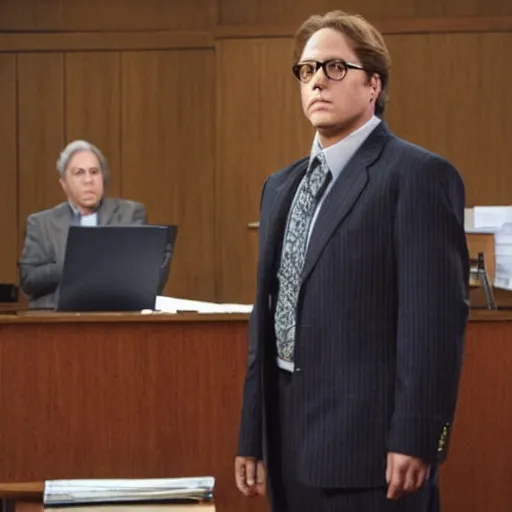 Image similar to James Spader as Alan Shore standing in a courtroom.