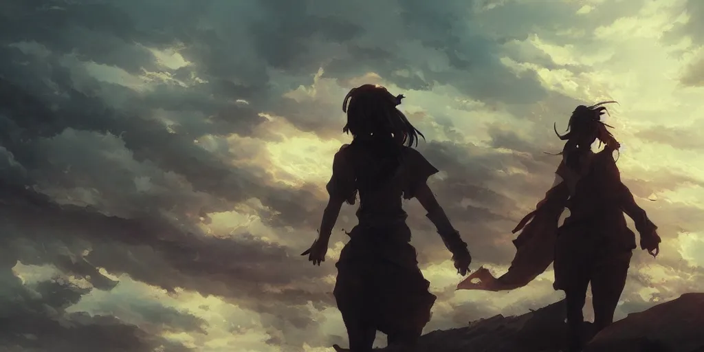 Image similar to frank reynolds, dramatic sky, distant shot, anime art, greg rutkowski, d & d, dramatic lighting