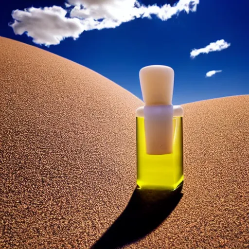 Image similar to bright perfume bottle sitting on a small mountain of clean desert sand, close up shot, upfront, with sunny bright blue sky and clouds in the background, softly - lit, soft - warm, zen, light, modern minimalist f 2 0 clean