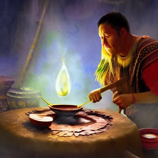 Image similar to a shaman preparing a magic decoction in a dreamy atmosphere, 4 k, 3 d, digital painting