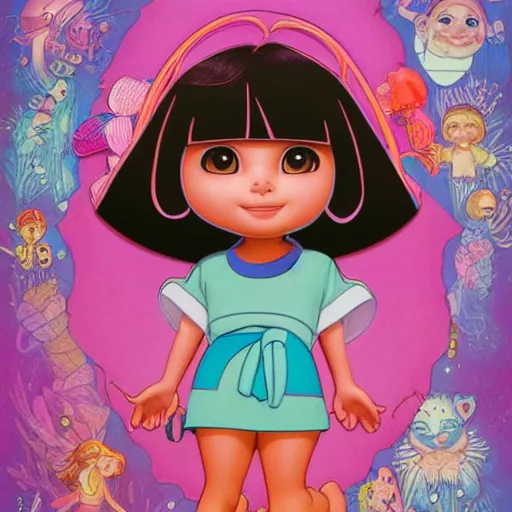 Image similar to dora the explorer as real girl in happy pose, detailed, intricate complex background, Pop Surrealism lowbrow art style, muted pastel colors, soft lighting, 50's looks by Mark Ryden and Yosuke Ueno and mucha, artstation cgsociety