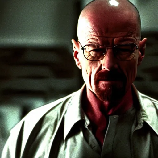 Prompt: film still of walter white as Neo from Matrix (1999)