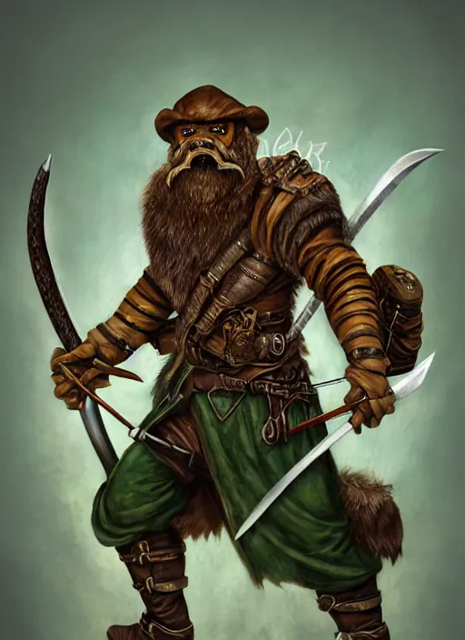 Image similar to strong young man, photorealistic bugbear ranger holding a flaming sword, black beard, dungeons and dragons, pathfinder, roleplaying game art, hunters gear, jeweled ornate leather and steel armour, concept art, character design on white background, by alan lee, norman rockwell, makoto shinkai, kim jung giu, poster art, colours red and green