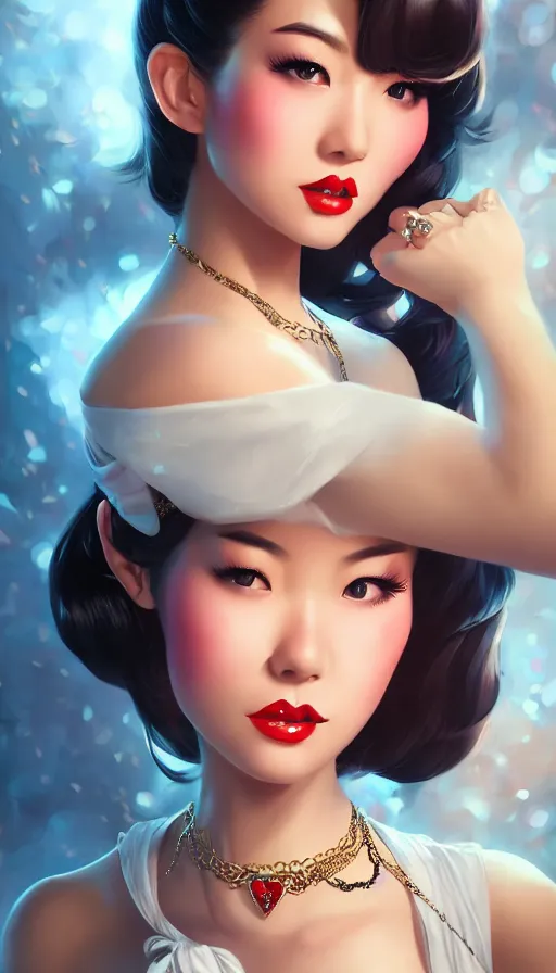 Image similar to a pin up and beautiful fashion and charming and dreamlke asian girl with lv jewelry, medium shot, art by artgerm & ross tran & wlop, hyperdetailed, 8 k realistic, symmetrical, frostbite 3 engine, cryengine, dof, trending on artstation, digital art