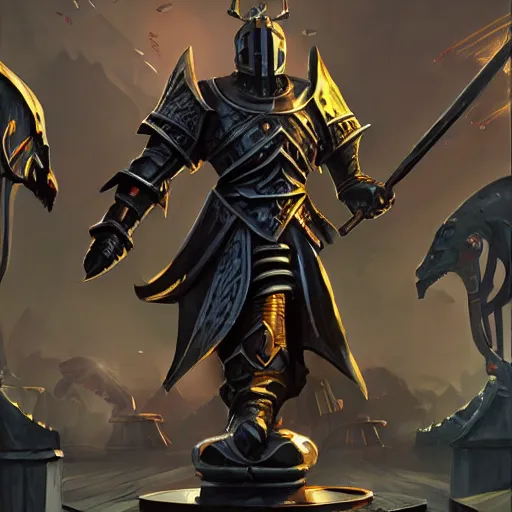 Image similar to a giant black chess knight statue, chess, battlefield background, bright art masterpiece artstation. 8 k, sharp high quality artwork in style of jose daniel cabrera pena and greg rutkowski, concept art by tooth wu, hearthstone card game artwork, chess piece