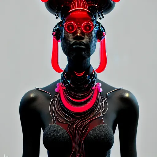 Image similar to portrait of an absurdly beautiful, graceful, sophisticated, fashionable black cyberpunk mechanoid gravure idol, hyperdetailed illustration by irakli nadar, adut akech, matt wisniewski style, intricate linework, dark black porcelain skin, jellyfish headdress, unreal engine 5 highly rendered, global illumination, red light, detailed and intricate environment