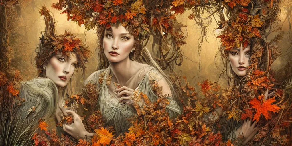 Image similar to breathtaking detailed concept art painting of goddesses of autumn by beto val, vintage illustration pattern with bizarre compositions blend of plants and stems and leaves, exquisite detail, extremely moody lighting, 8 k