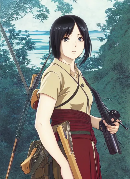 Image similar to portrait of mikasa from aot in odm gear, highly detailed, high quality, digital painting, by studio ghibli and alphonse mucha, leesha hannigan, hidari, art nouveau, chiho aoshima, posuka demizu