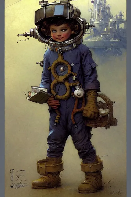 Image similar to childrens book layout ( ( ( ( ( 2 0 5 0 s retro future 1 0 year boy old super scientest in space pirate mechanics costume. muted colors. ) ) ) ) ) by jean - baptiste monge, tom lovell!!!!!!!!!!!!!!!