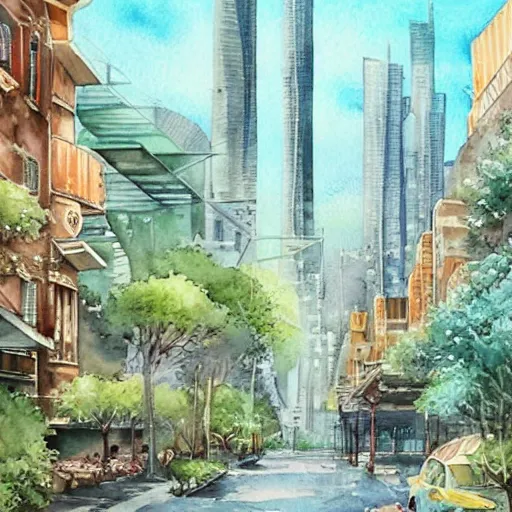 Prompt: Beautiful picturesque charming futuristic city in harmony with nature. Nice colour scheme, soft warm colour. Beautiful detailed watercolor by Lurid. (2022)