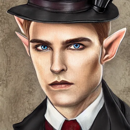 Prompt: an elf in a suit, gatsby hat, detailed portrait, detailed face, perfect lighting hd, 4 k, realistic