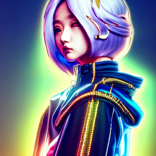 Prompt: hyperdetailed streets metals and shiny iridescent gems, dark rainbow nimbus, gold necklace, puffer jacket, inspired by ross tran and masamune shirow and kuvshinov, intricate, photorealistic, octane render, rtx, hdr, unreal engine, dnd digital art by artgerm