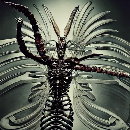 Image similar to still frame from Prometheus movie by Makoto Aida, flying biomechanical angel gynoid by giger, mimicking devil's flower mantis, metal couture by Guo pei, editorial by Malczewski and by Caravaggio