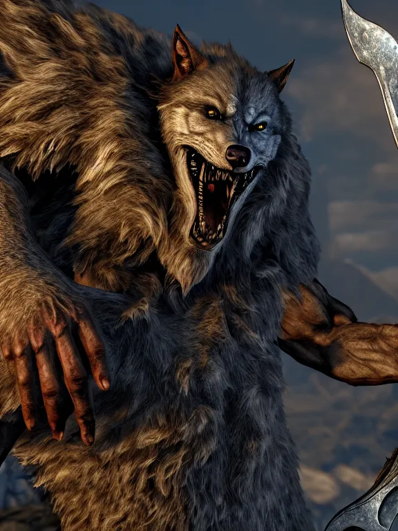 Prompt: cute handsome calm happy relaxed cuddly burly surly werewolf from van helsing unreal engine hyperreallistic render 8k character concept art masterpiece screenshot from the video game the Elder Scrolls V: Skyrim