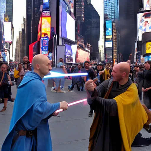 Prompt: a jedi in a battle with voldemort among the people in times square