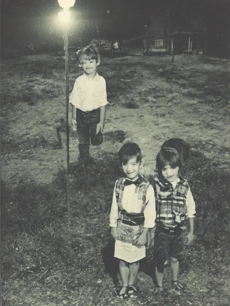 Image similar to two kids posing for a picture at night, god light, small village, town square, vegetation, 1 9 7 0 s, polaroid